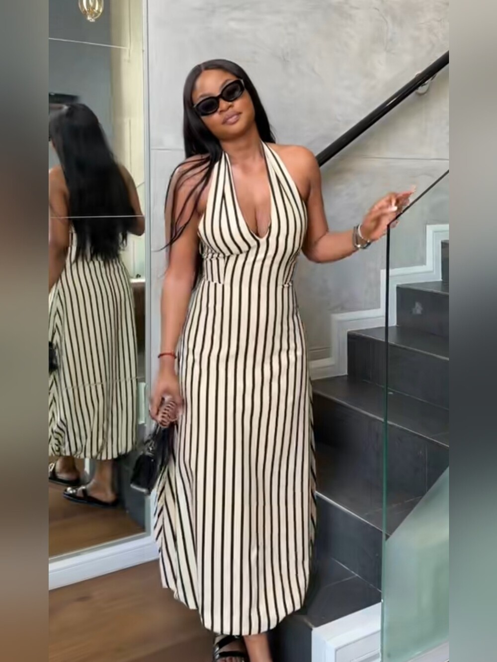 ZARA STRIPED BUBBLE MIDI DRESS